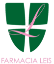 Farmacia Leis, escudo verde con monograma L en rosa y nombre Farmacia Leis